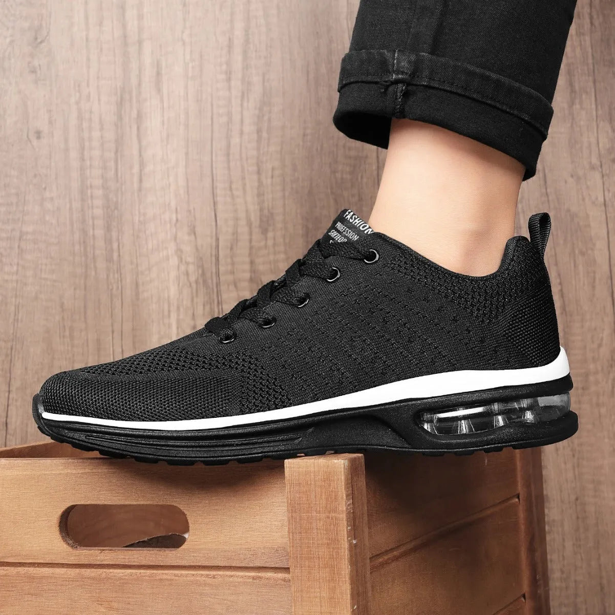 Casual Flyknit running shoes in multiple colours showing mesh upper and PU sole.