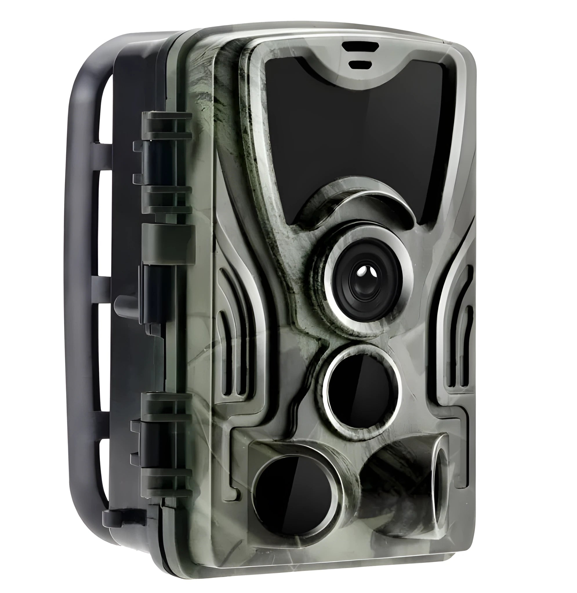 Green outdoor trail camera with lens and infrared LEDs, shown with belt strap for mounting on a tree.