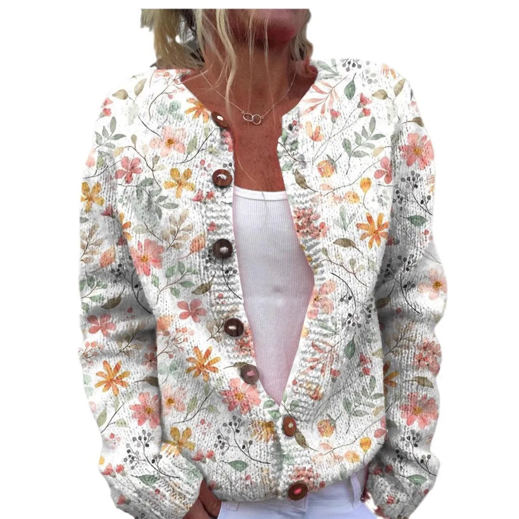 Women's loose-fit cardigan coat with 3D digital printed stereo pattern in polyester fabric.
