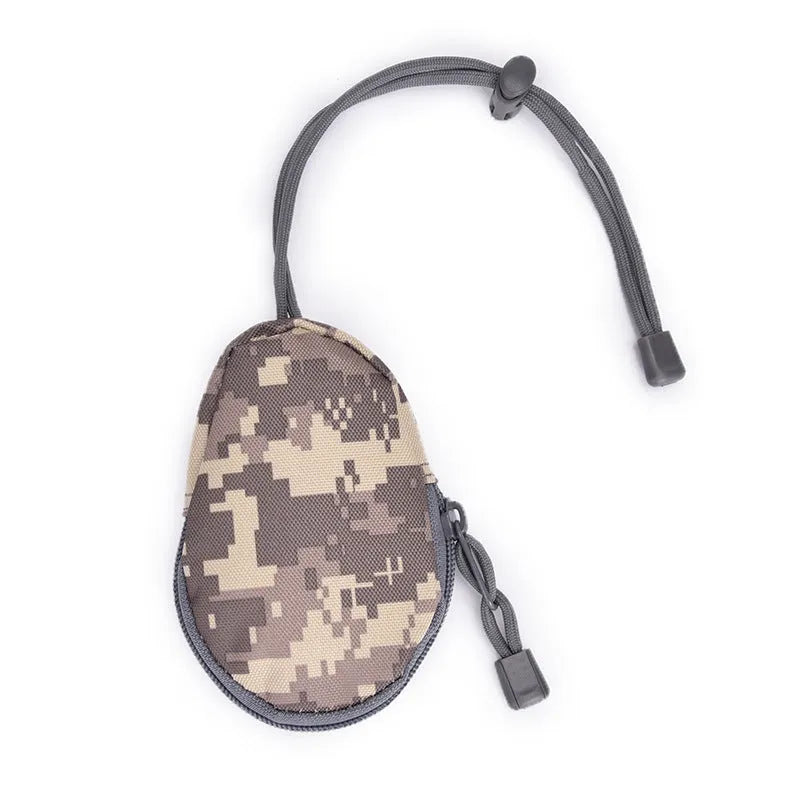 Black Oxford cloth outdoor key bag with telescopic rope, shown with zipper open, dimensions 13cm by 8cm.