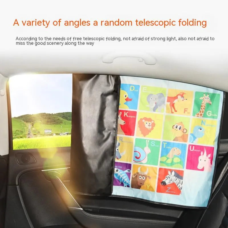 Automatic retractable car sunshade with cartoon anime pattern and magnet attachment system