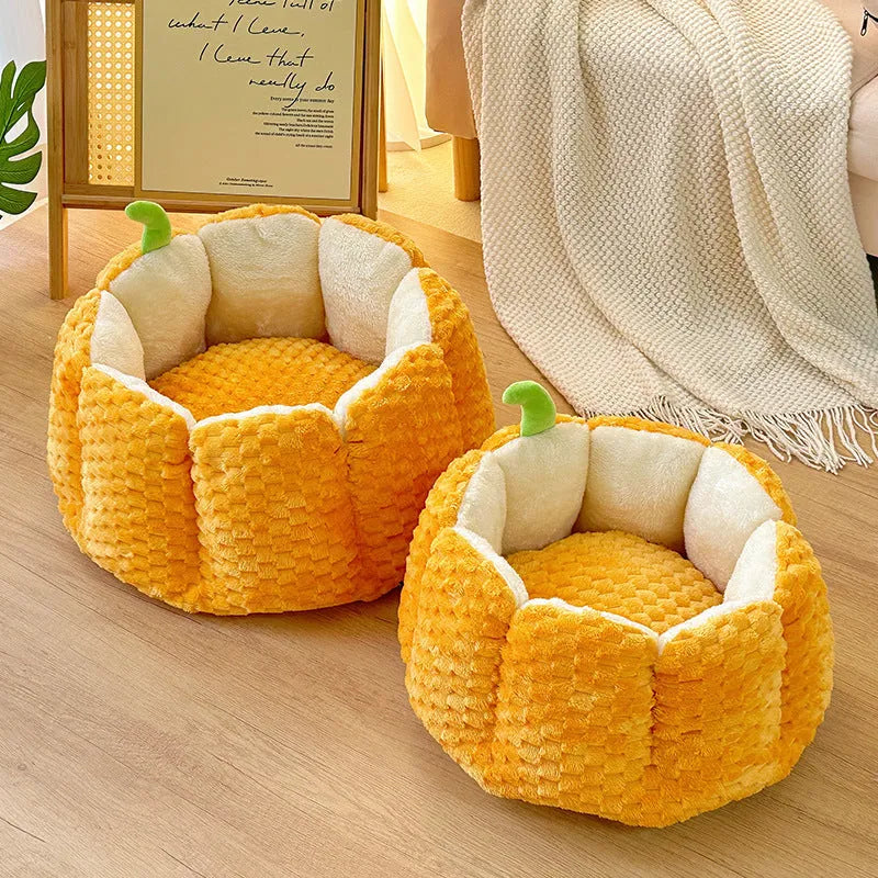 Orange pumpkin-shaped pet nest mat for cats with soft cotton filling in two sizes