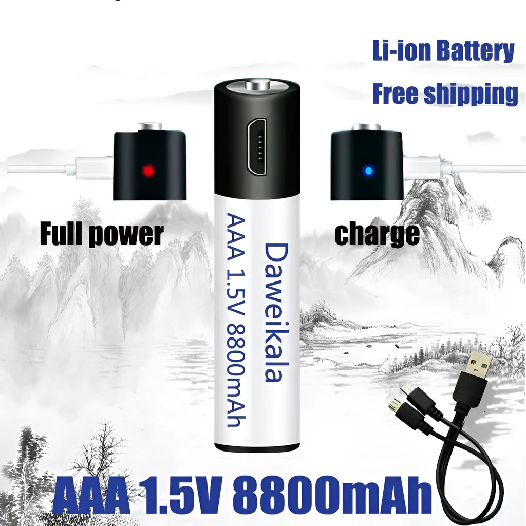 USB rechargeable AA AAA battery 1.5V 1500 cycles 10 year life high drain