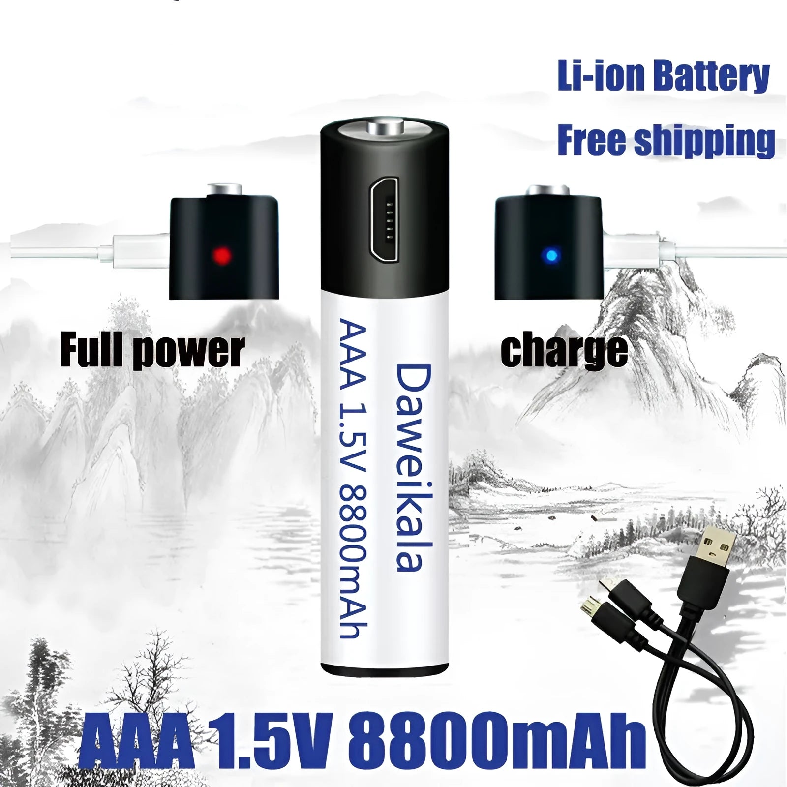 USB rechargeable AA AAA battery 1.5V 1500 cycles 10 year life high drain