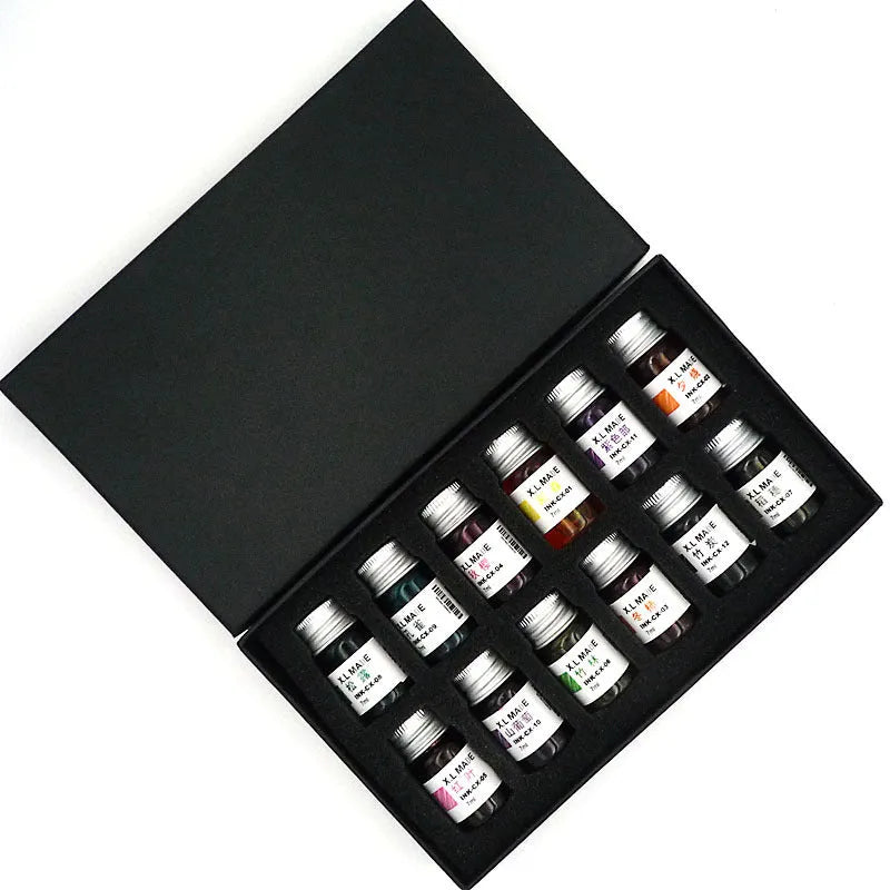 12 colour gold powder dip pen ink set in 7ml high borosilicate glass bottles with gift box