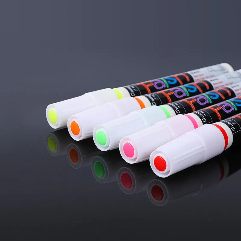 Oblique-shaped electronic fluorescent plate highlighter pen with plastic shell and 6mm tip, shown with multi-colour refills.