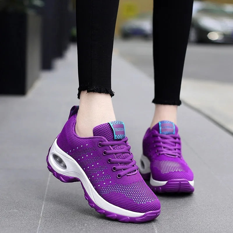Ladies mesh lace-up walking shoes in breathable fabric, side view, available in multiple colours
