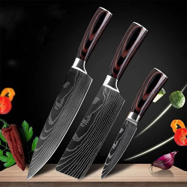 7Cr17 stainless steel kitchen knife with Damascus pattern blade and coloured wood handle on a cutting board.