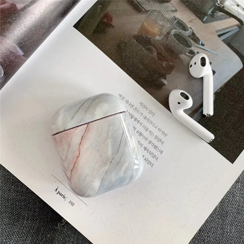 White marble hard PC protective case for AirPods 1 and 2 charging case
