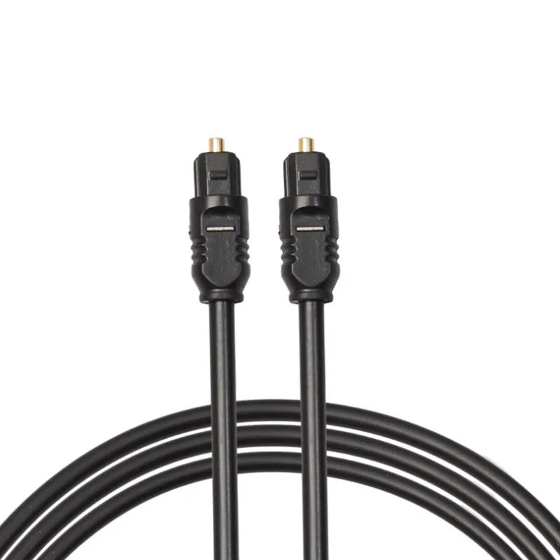 Black Toslink digital optical audio cable with square mouth connectors showing 2 metre length
