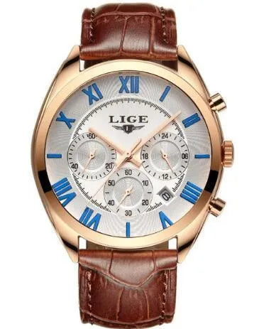 Men's quartz sports watch with date, 30M waterproof, alloy case, leather strap in black blue brown or white