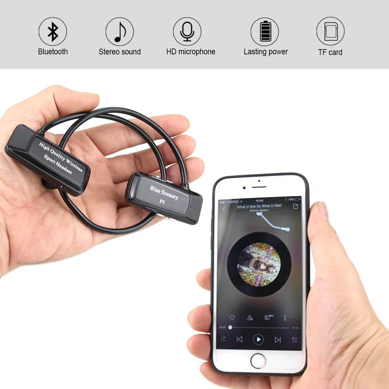 F5 wireless Bluetooth headset with card, hanging ear design, Bluetooth 4.0, 10 metre range, black gold red white