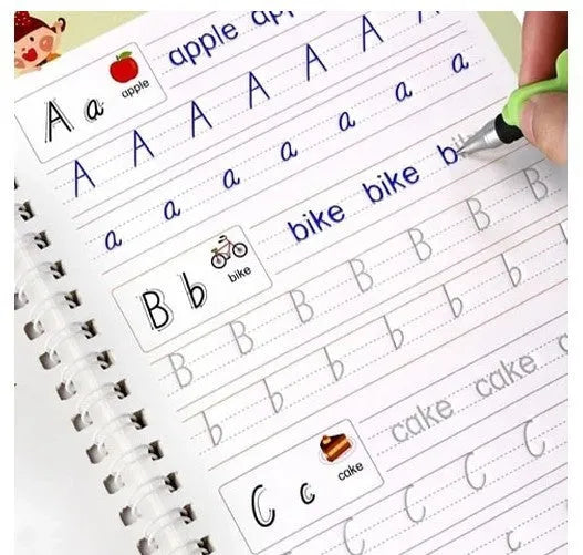 Hard cover magic practice writing book set with disappearing ink, pen holder, and refills on a table