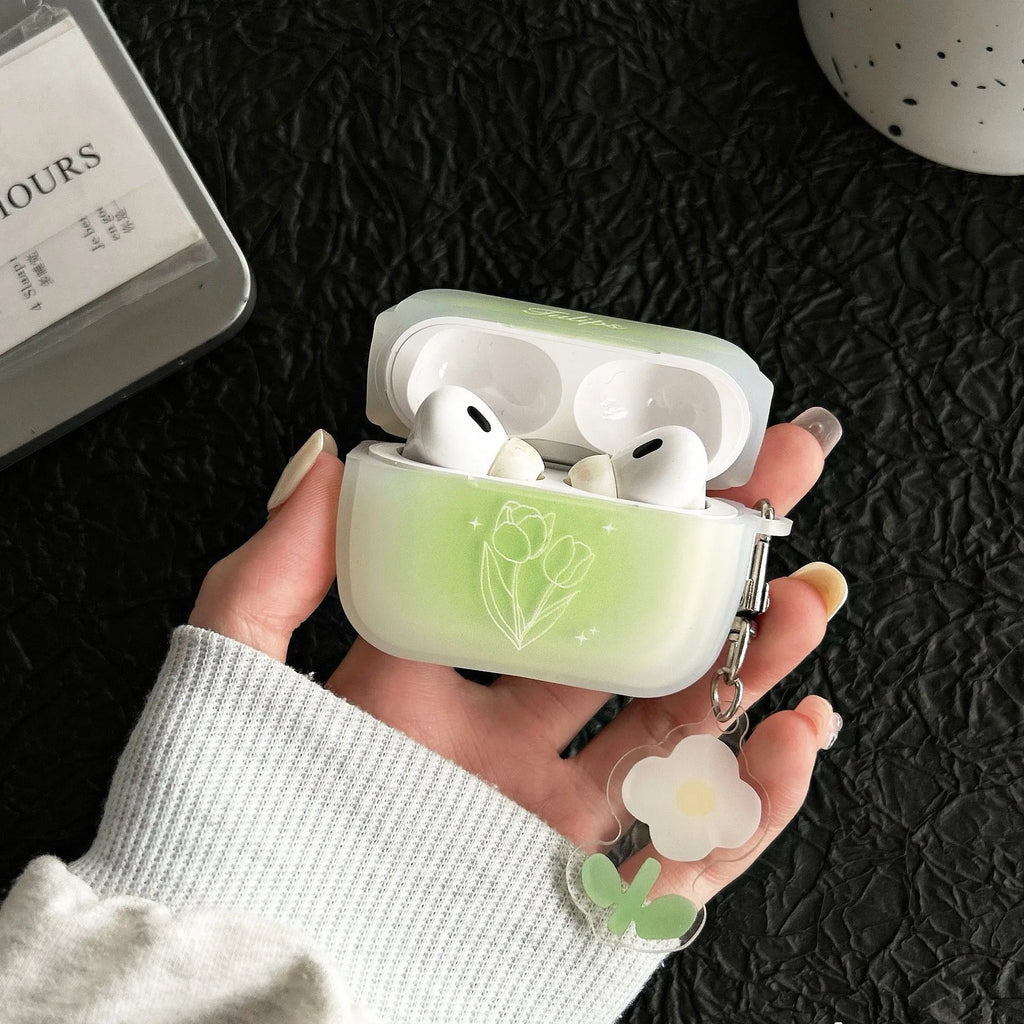 Transparent green tulip embossed TPU earphone cover for Apple AirPods case