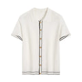 White short sleeve cardigan with contrasting colour lapels on a hanger