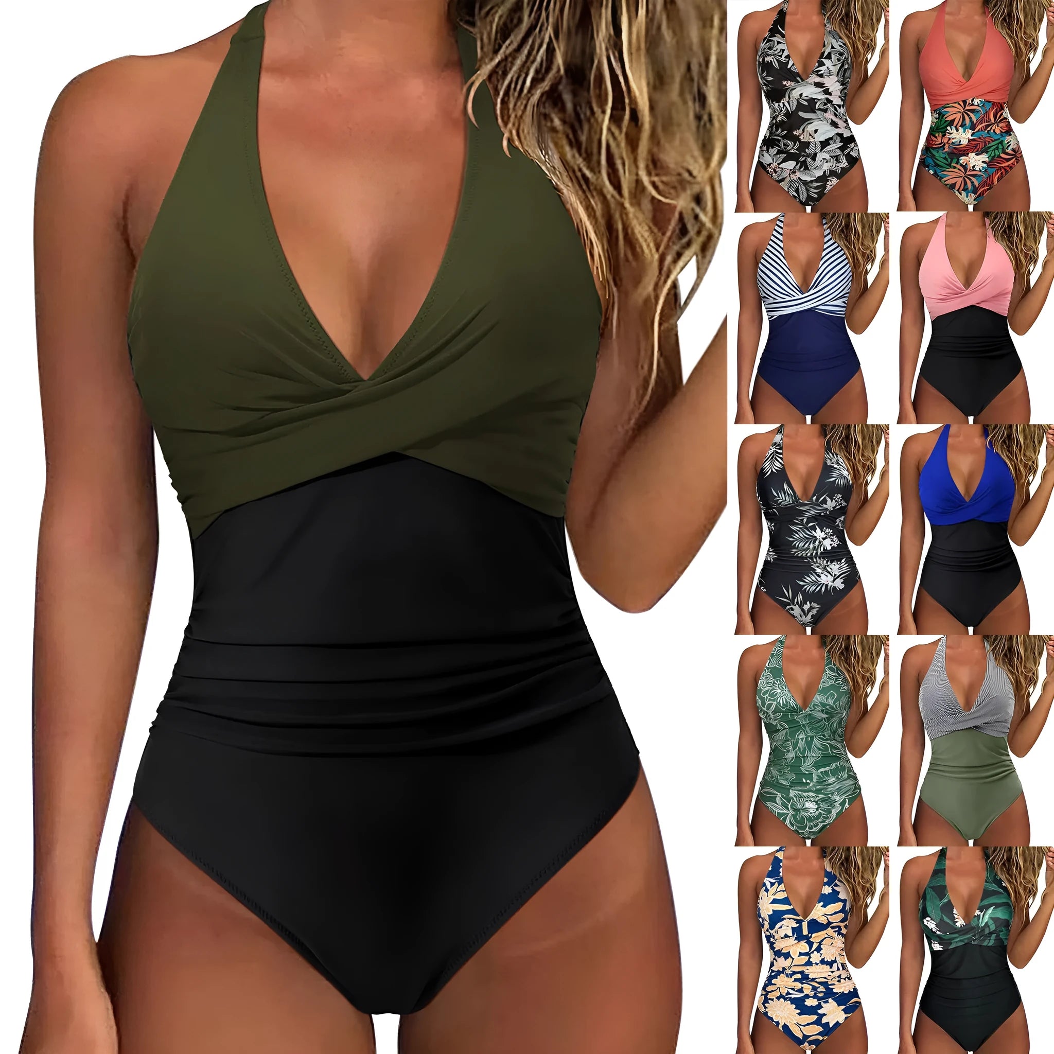 Women's backless lace-up swimsuit in multicolour pattern with high-waisted Siamese bikini design
