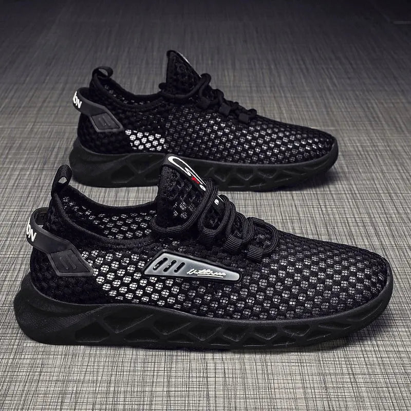 Summer mesh breathable hollow casual sports shoes for men, low-top lace-up design in black, with PVC sole