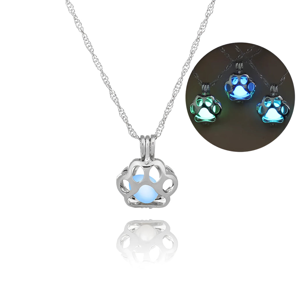 Dog paw hollow luminous necklace alloy pendant 45cm chain blue green