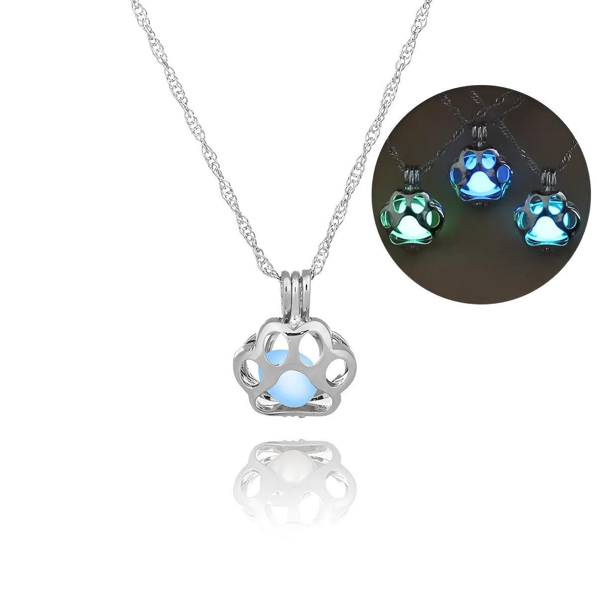 Dog paw hollow luminous necklace alloy pendant 45cm chain blue green