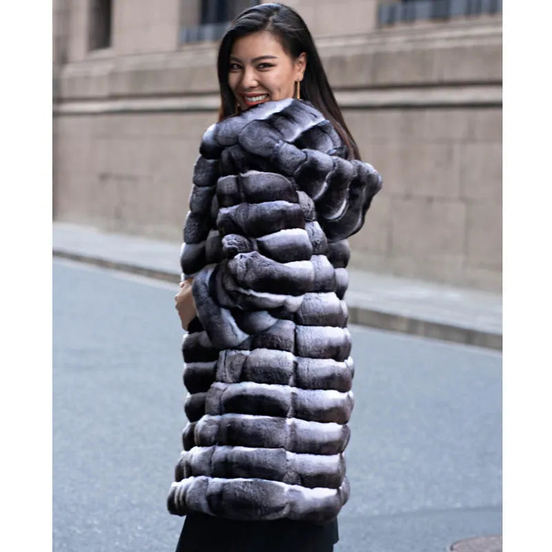 Women's zebra stripe artificial mink faux fur overcoat with regular sleeves and mid-length design
