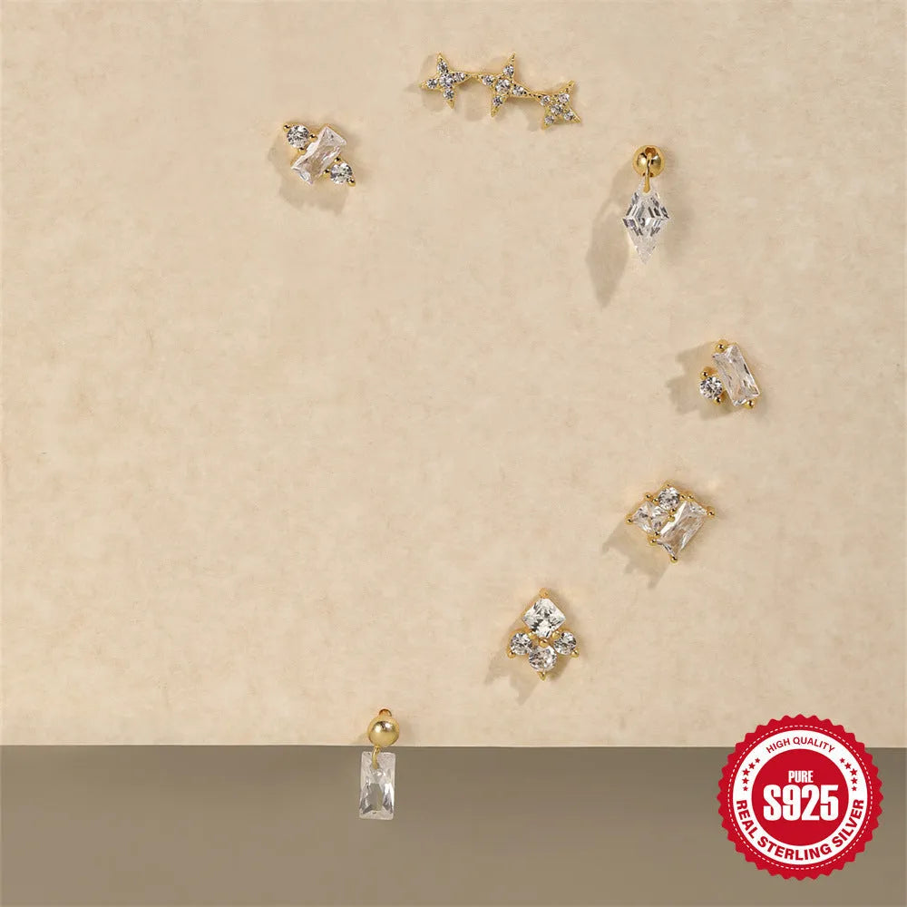 S925 sterling silver red flower stud earrings with square gravel detailing in gold tone