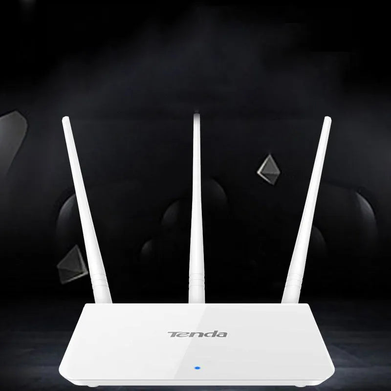 White dual-band wireless router for wired broadband connectivity.