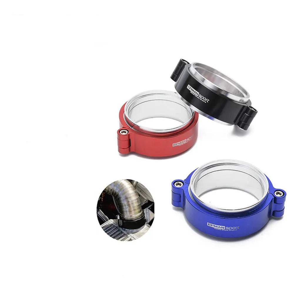 Aluminium fixed movement clamp for car exhaust in black, blue, or red, shown in 2 inch, 2.5 inch, and 3 inch sizes.