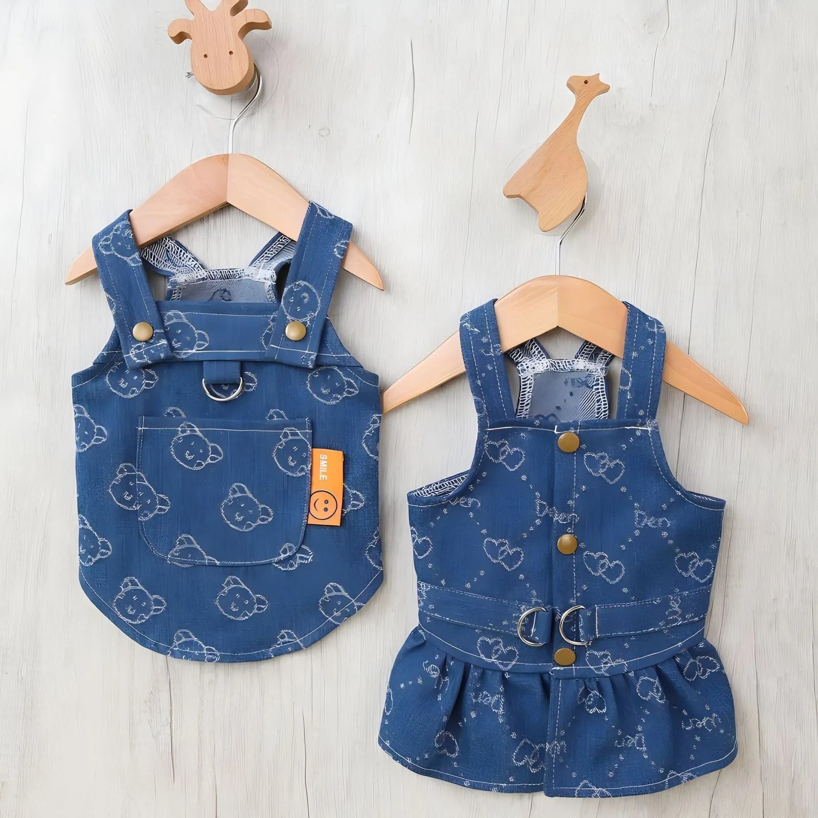 Blue denim princess dress for small dogs with bracket-skirt styling option