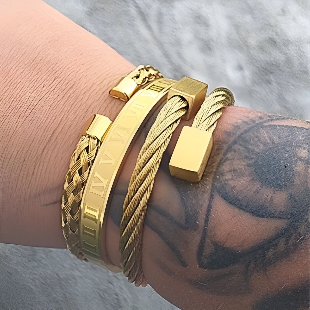 Three alloy bracelets with geometric design in black, gold and silver, unisex electroplated wristwear set