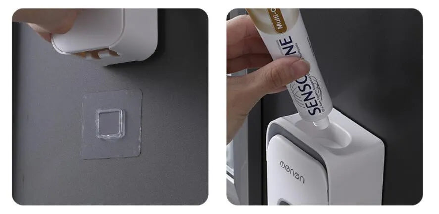 Blue automatic wall-mounted toothpaste dispenser with a sensor for touchless operation on a bathroom wall.