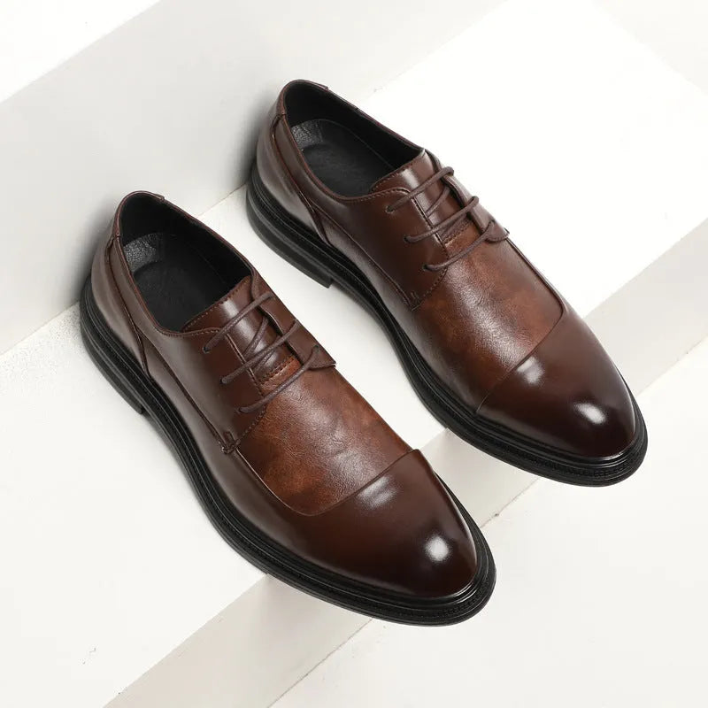 Men's pointed British dress shoes with rubber sole, black and brown options, sizes 38 to 44
