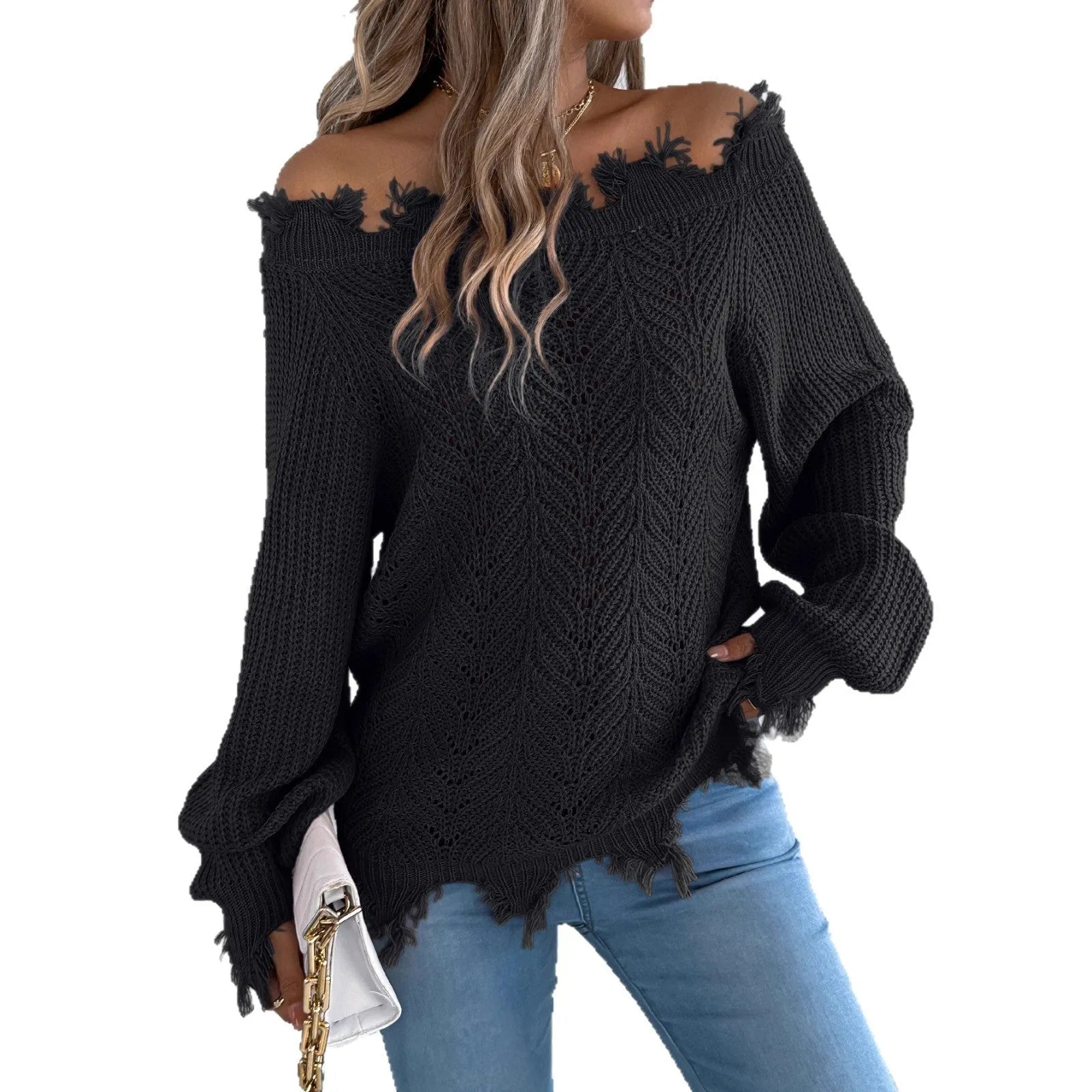 Hollow-out off-shoulder pullover sweater in artificial wool fabric, shown in black colour