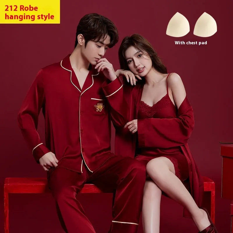 Red ice silk wedding dowry sleepwear set for men and women with long sleeves and trousers