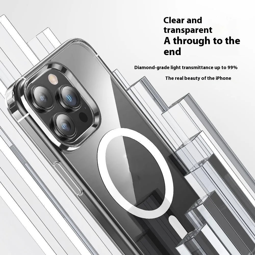 Transparent two-in-one magnetic phone case with shockproof protection for iPhone models, showing back and side view.