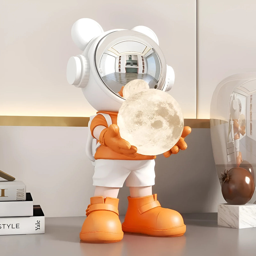 Resin desktop space bear moon night light decoration in gold with silver astronaut mask