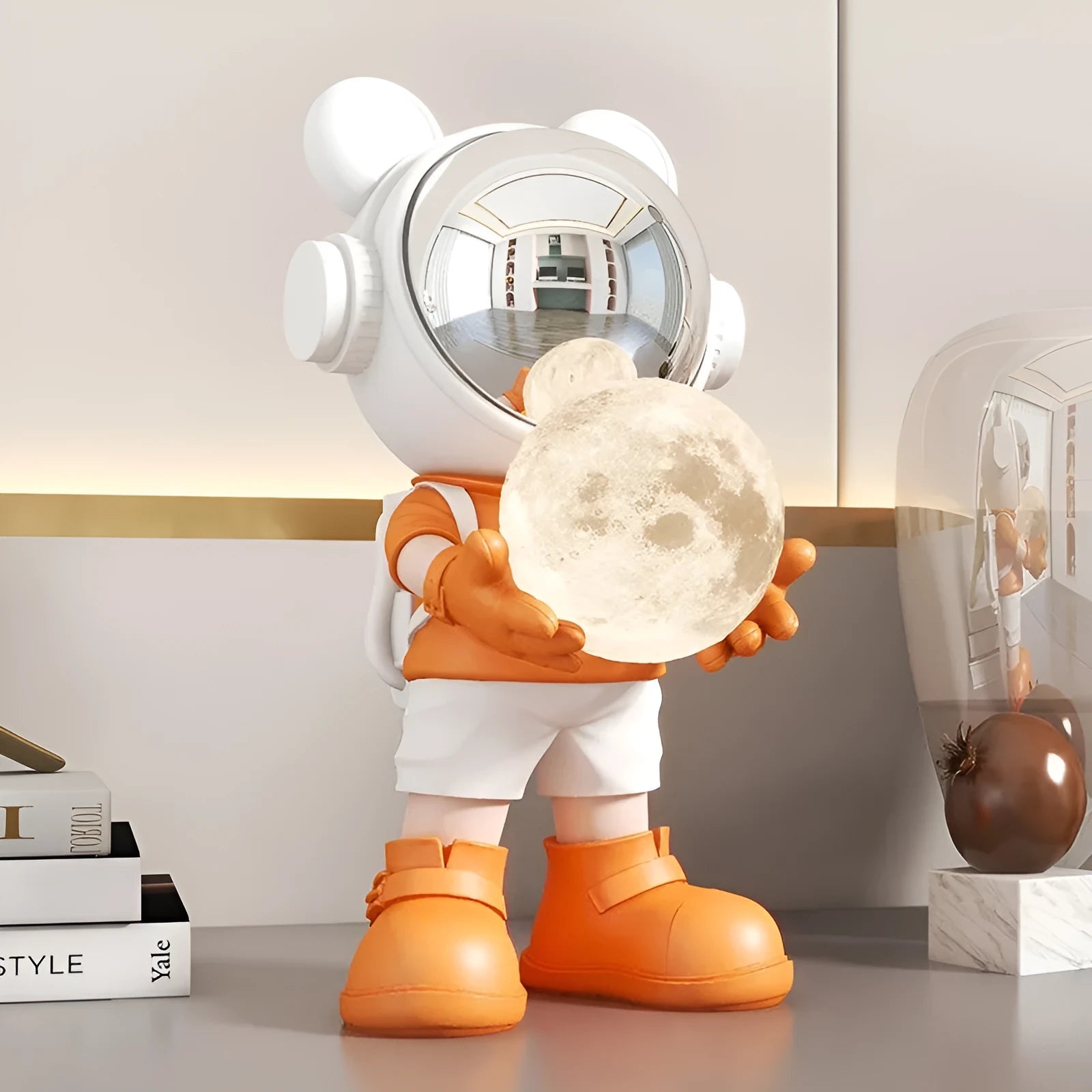 Resin desktop space bear moon night light decoration in gold with silver astronaut mask