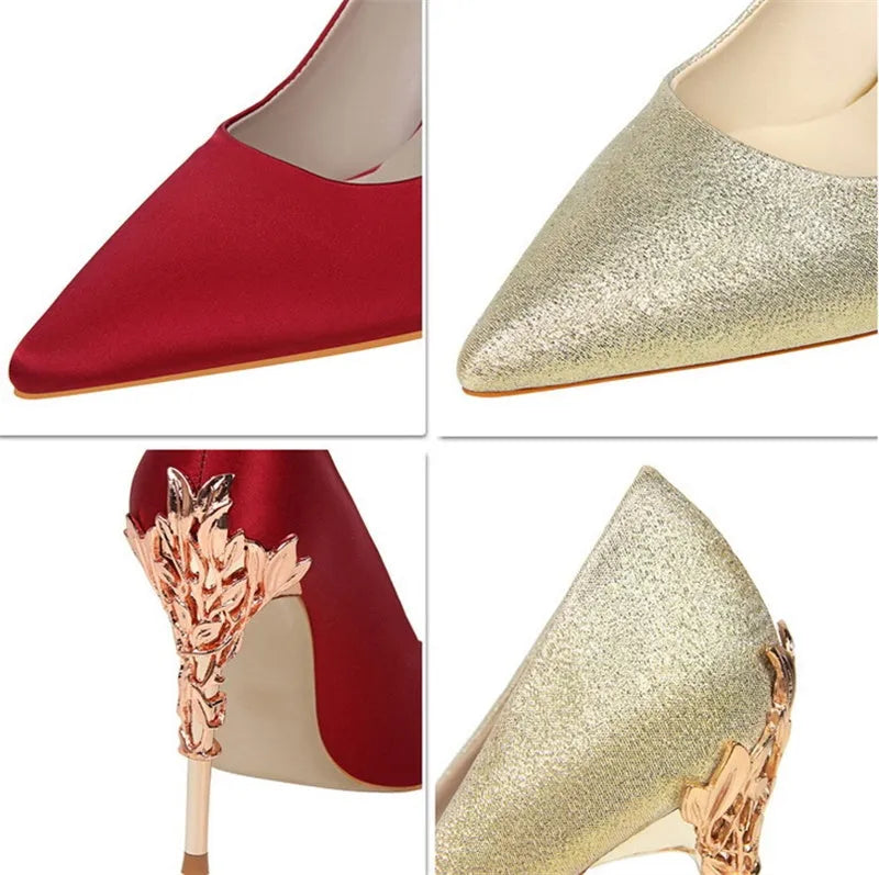 Pointy silver satin stiletto heels with 10cm heel and 1cm platform on neutral background