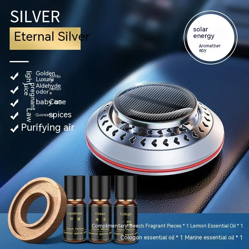 Solar-powered aluminium alloy car air purifier and aroma diffuser in black, red, or silver