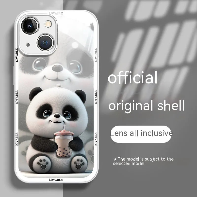 Black glass phone case with liquid silicone sleeve featuring milk tea panda design for iPhone 13
