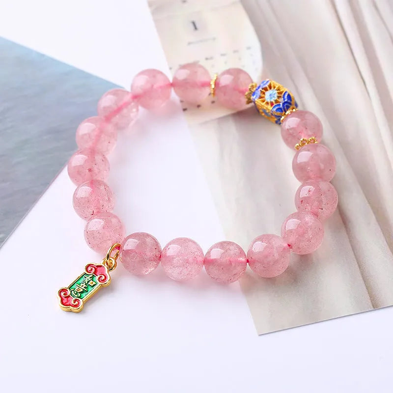 Pink Strawberry Quartz crystal bracelet with hand-woven construction and lucky national style design