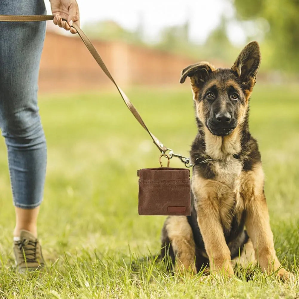 Waxed canvas pet snack bag in Khaki colour, compact treat pouch for dog training outdoors