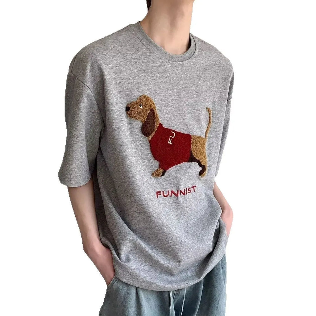 Men's grey cotton T-shirt with an embroidered brown sausage dog design on the front.