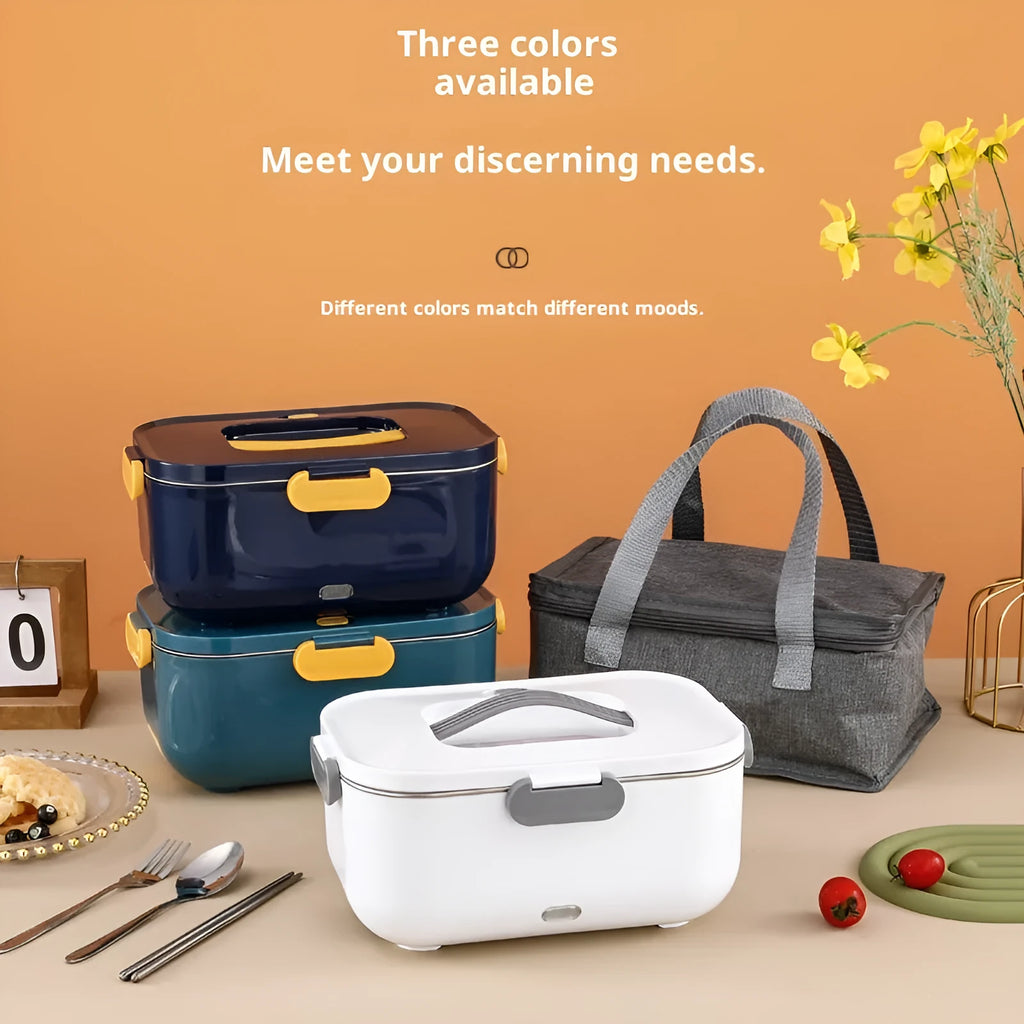 Oval dark blue electric lunch box with 304 stainless steel inner and spork, 18.7x14.8x27.5cm