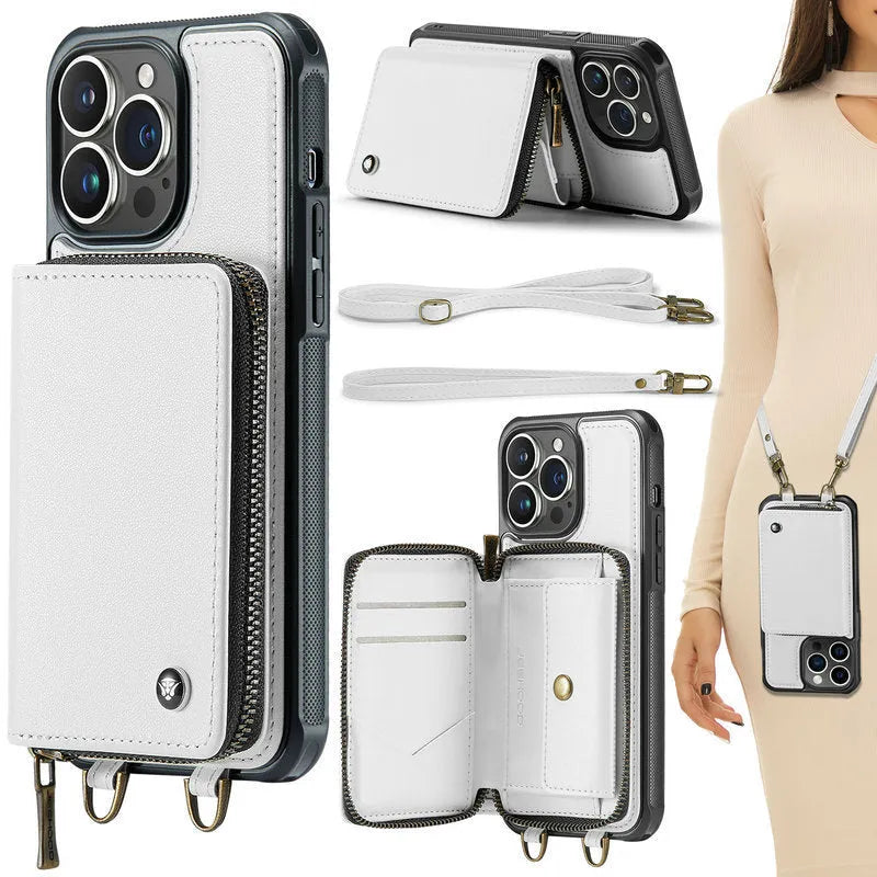 Leather zipper phone case with card slot for iPhone, available in rose gold colour