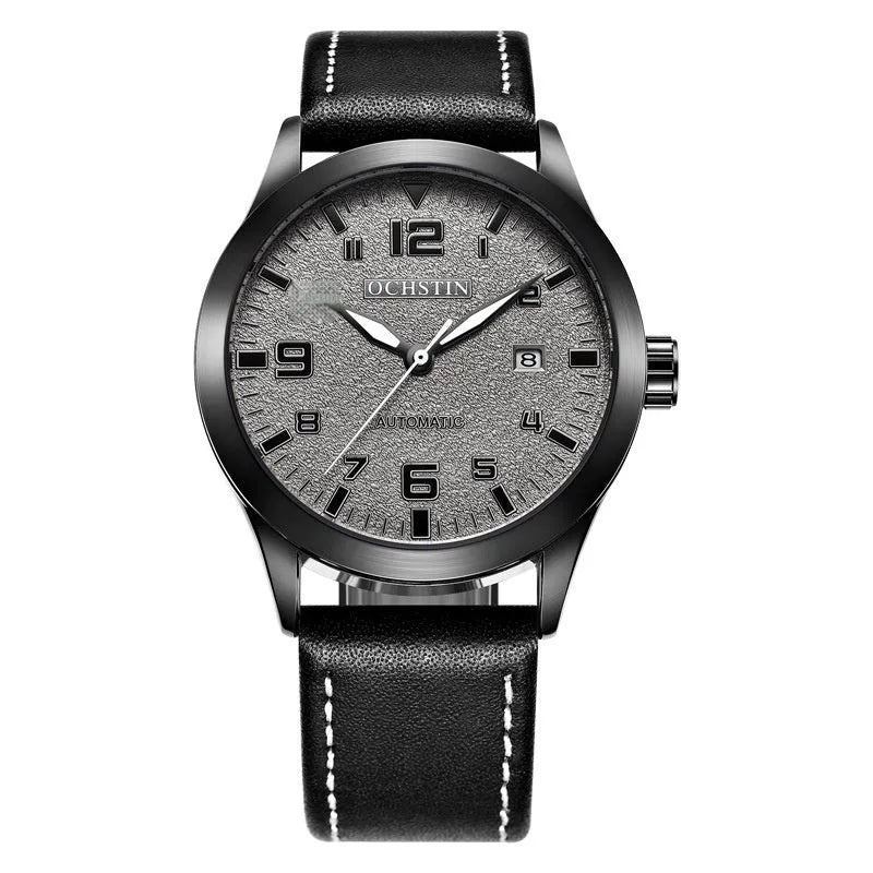 Men's retro automatic watch with leather strap in silver and army green colour option.