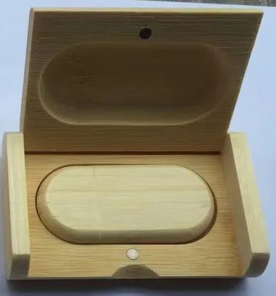 Wooden USB drive gift set in natural bamboo finish with box, dimensions 58x28x9 mm