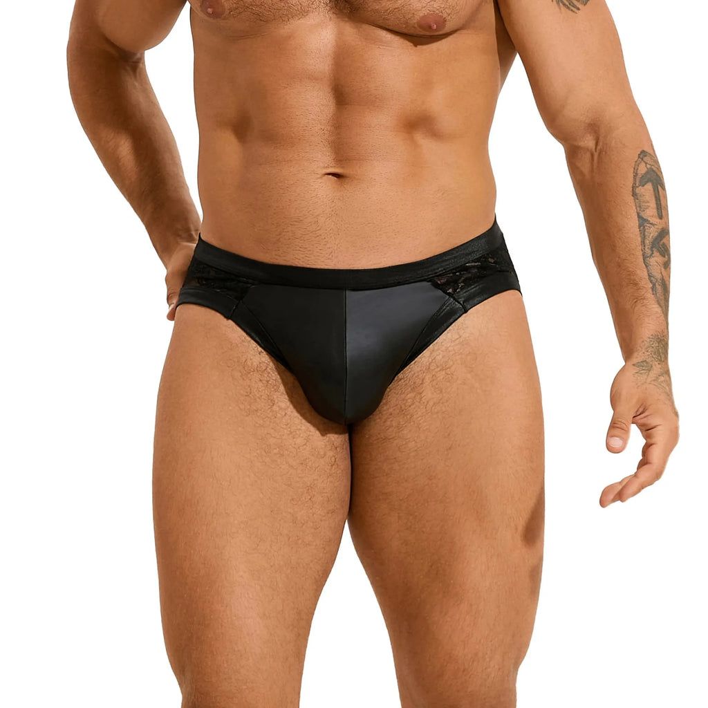 Men's black faux leather briefs with decorative stitching and adjustable side lace-up detailing