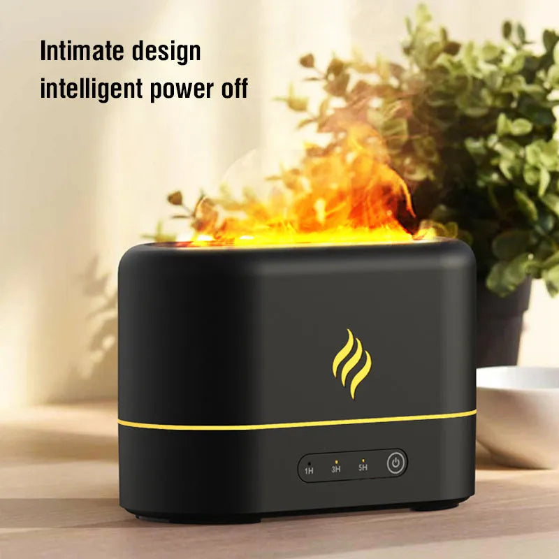 Black USB aroma diffuser with seven-colour flame LED effect and water mist.