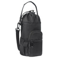 Cloth crossbody water bottle pouch in black, shown carrying a reusable bottle.