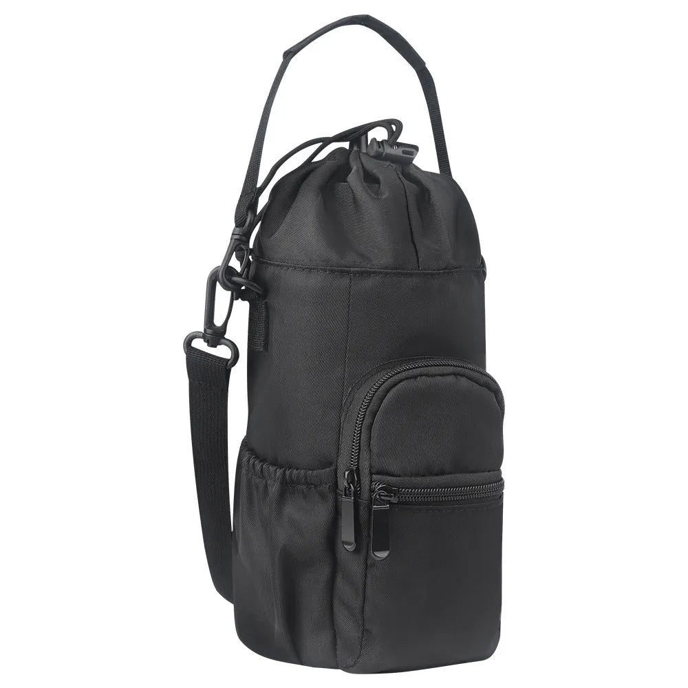 Cloth crossbody water bottle pouch in black, shown carrying a reusable bottle.